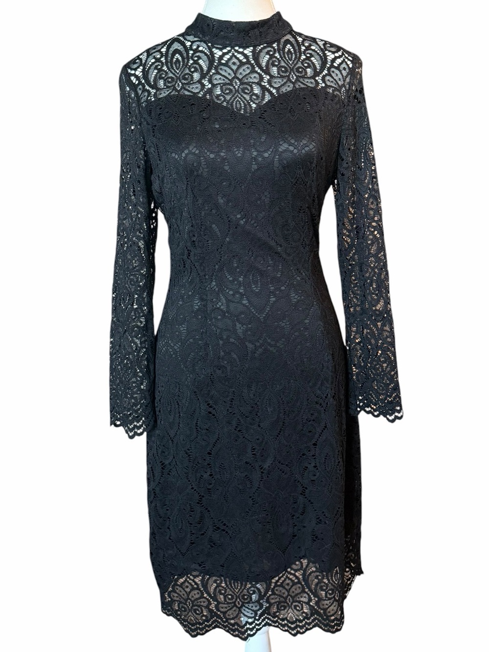 Black Bodycon High Neck Midi Dress w/ Lace Overlay S